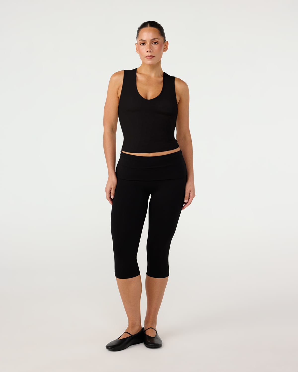 Foldover Jersey Capri Leggings | Black