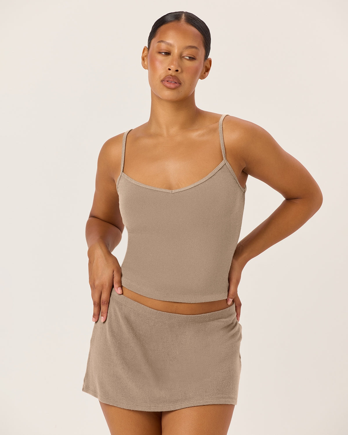 Terry Thin Strap Tank | Almond