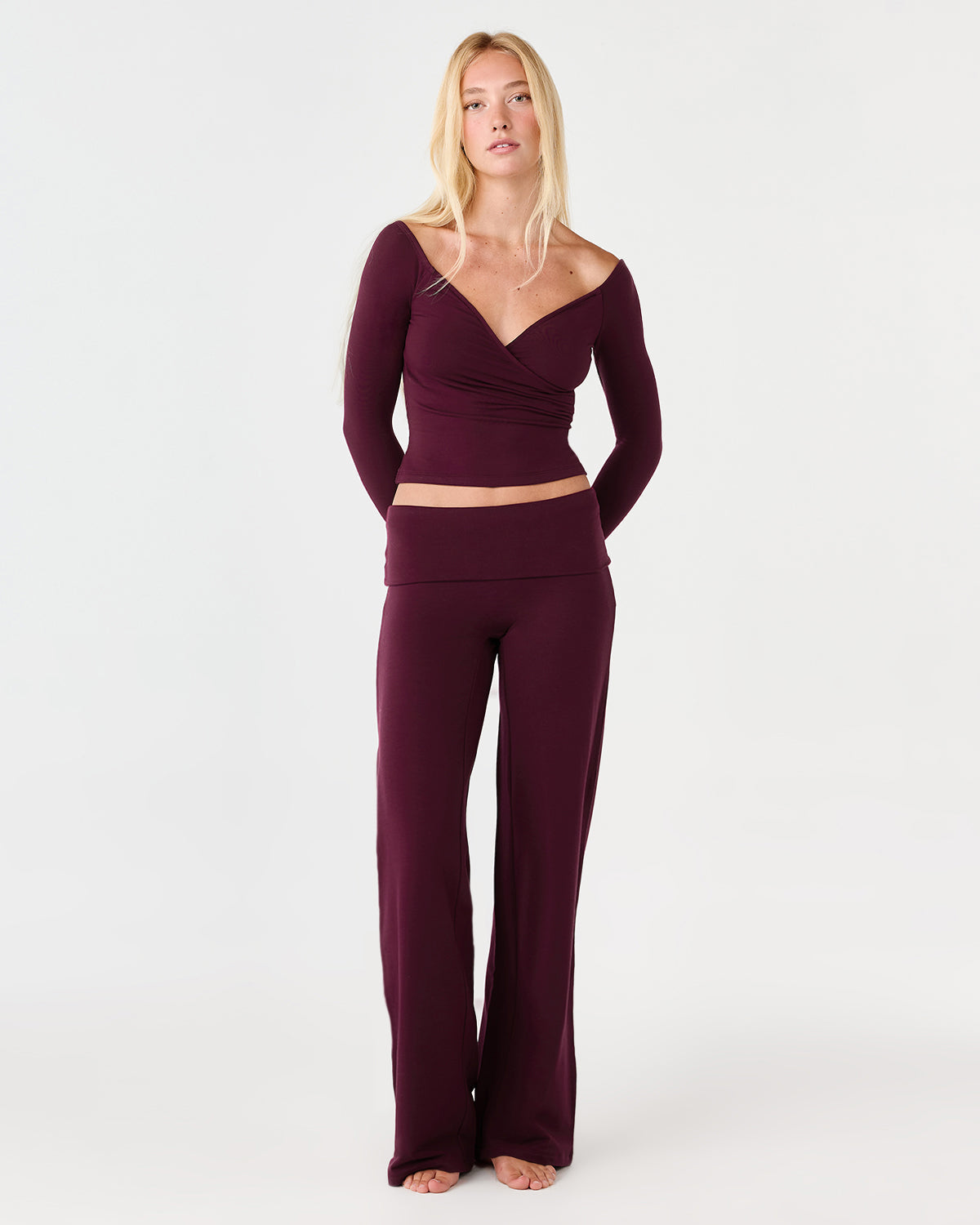 Foldover Jersey Straight Leg Pants | Deep Berry