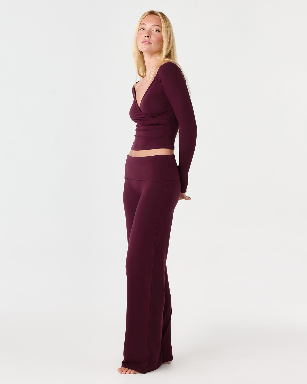 Foldover Jersey Straight Leg Pants | Deep Berry